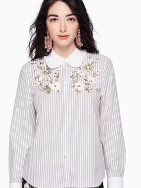 Kate Spade StripedEmbroidered Button-Down Top with Peter Pan Collar - White/Pink
